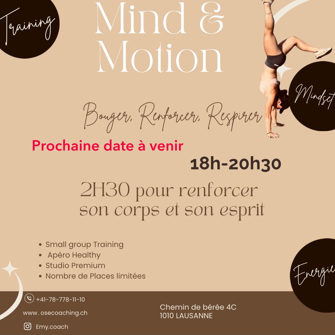 Affiche Mind & Motion sans date : le titre en grandes lettres sur fond beige, « Prochaine date à venir » en rouge et une personne en équilibre sur les mains