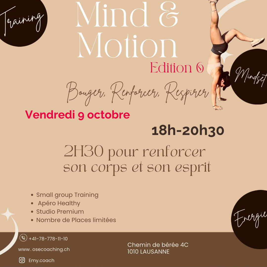 Affiche Mind & Motion édition 6 : le titre en grandes lettres sur fond beige, le vendredi 9 octobre en rouge et une personne en équilibre sur les mains