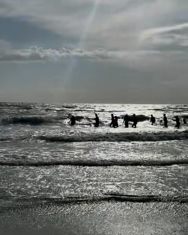 Des silhouettes alignées dans les vagues au petit matin, sous un ciel couvert