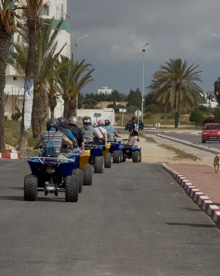 Une file de quads à l'arrêt sur une route bordée de palmiers