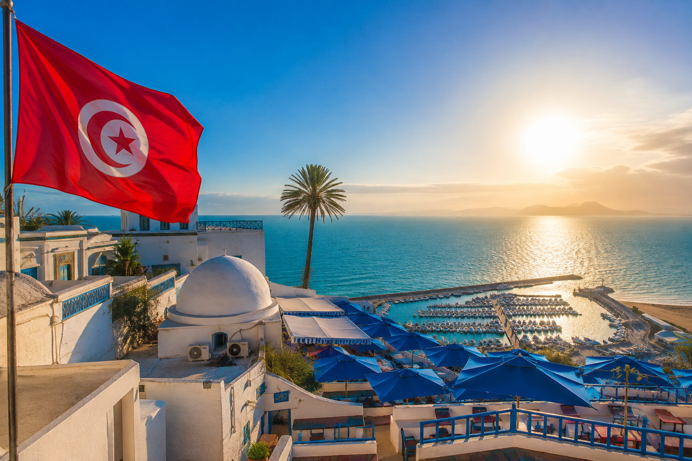 Le drapeau tunisien flottant au-dessus des maisons blanches de Sidi Bou Saïd, un palmier, la marina et le golfe de Tunis au soleil couchant